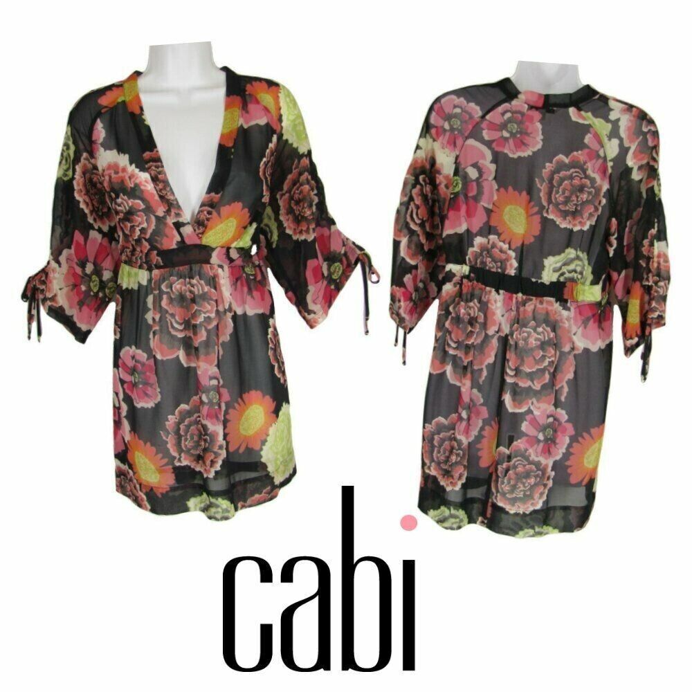 CAbi S Tunic Top Blouse Black Pink Bold Floral Deep V Neck 3/4 Sleeve Style 400 - Picture 3 of 7